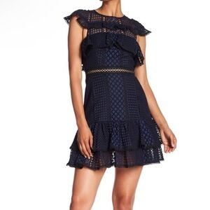 JAYGODFREY Eyelet Lace Ruffle Trim Royal Blue & Ink Black Mini Dress Size 2